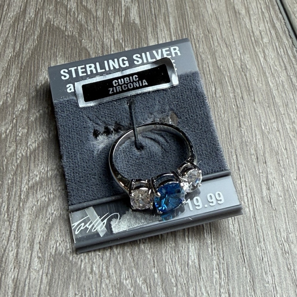 Lord & Taylor 925 Sterling Silver 3-Stone Ring Blue Topaz Cubic Zirconia Size 7